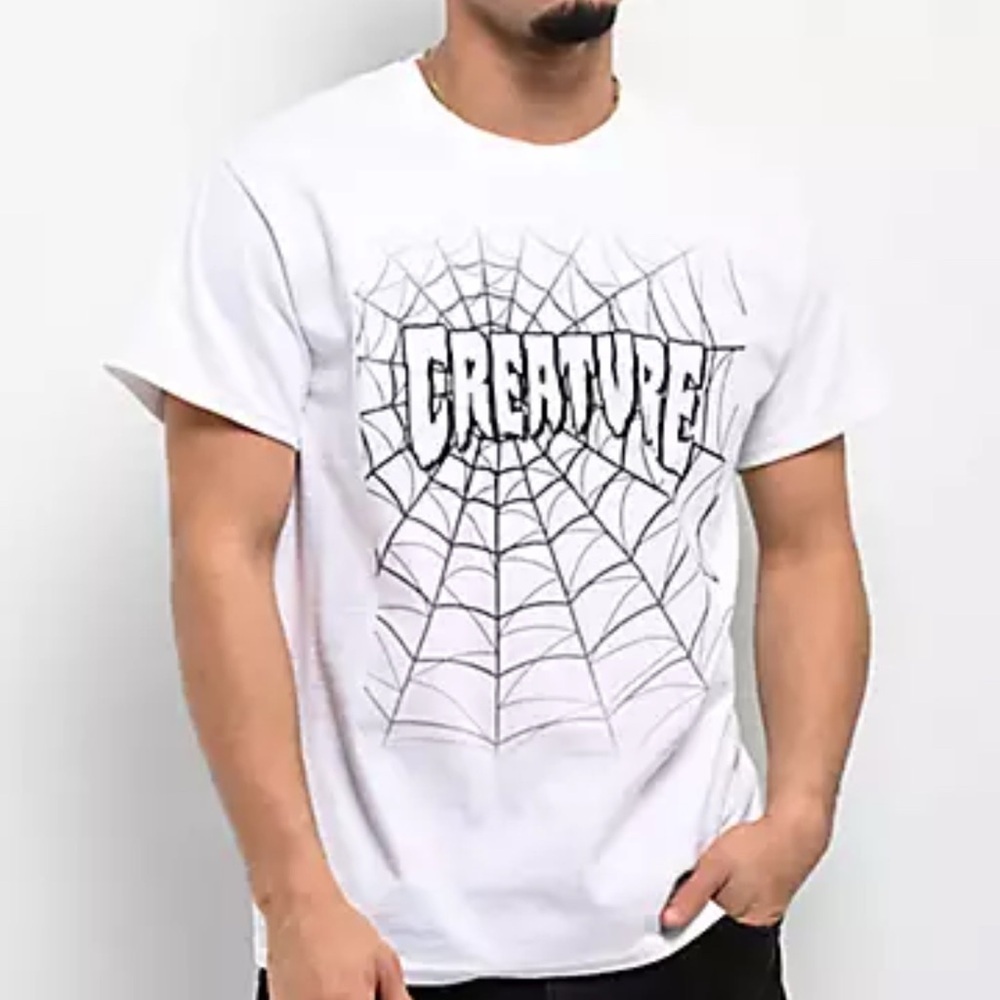 White Short Sleeve Tee with Spider Web Graphic
